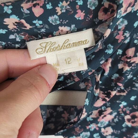 Shoshanna Colten Tie-Neck Blouson Dress in Pine/Blush, sz 12 - Picture 4 of 16